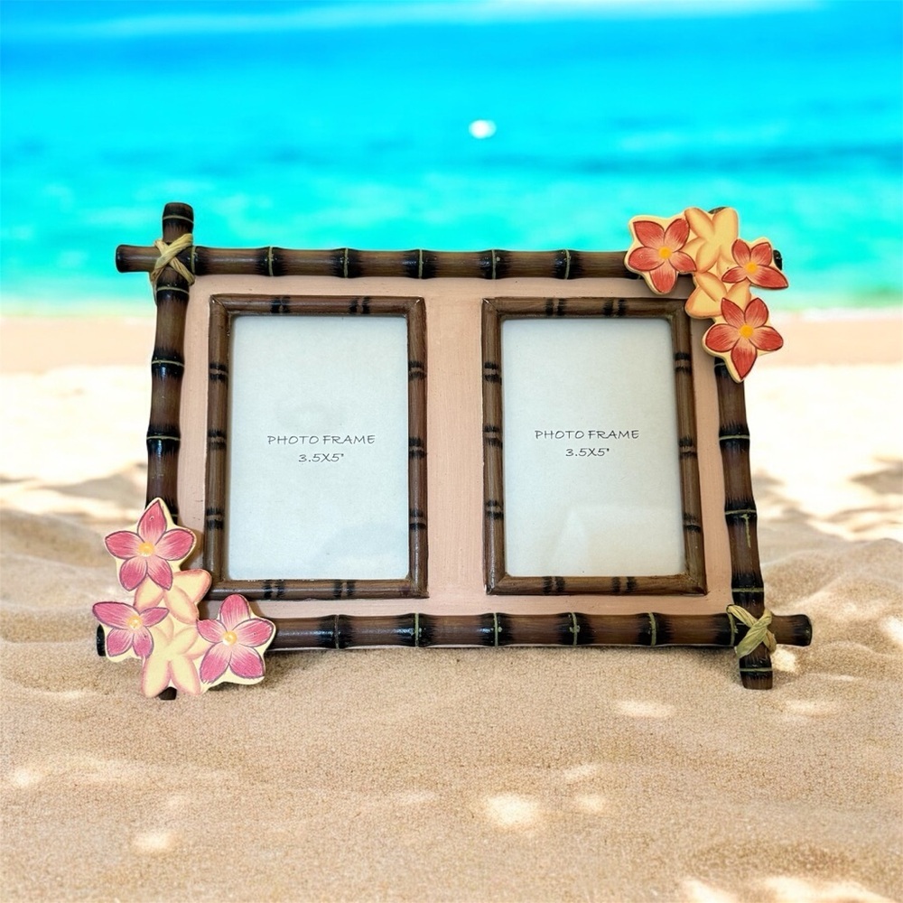 Tropical Bamboo Double Photo Frame with Floral Accents